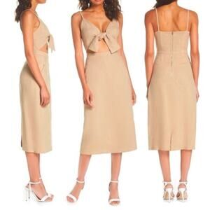 NWT Caara Linen Cotton Blend Midi Dress Cutout Tie Medium M Khaki Tan Event